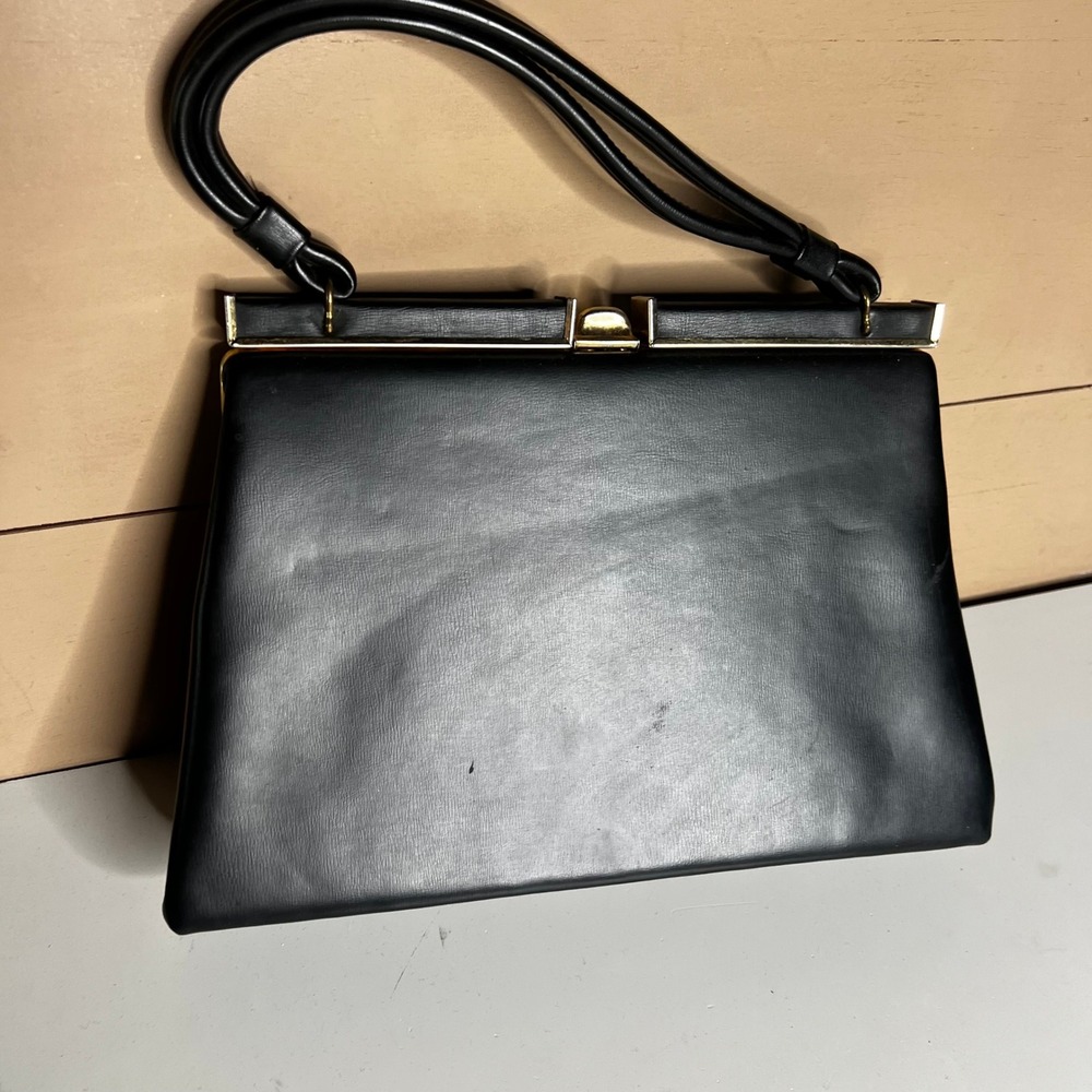 Vintage Dover Black Faux Leather Handbag Gold Tone Frame Kiss Lock Top Bag
